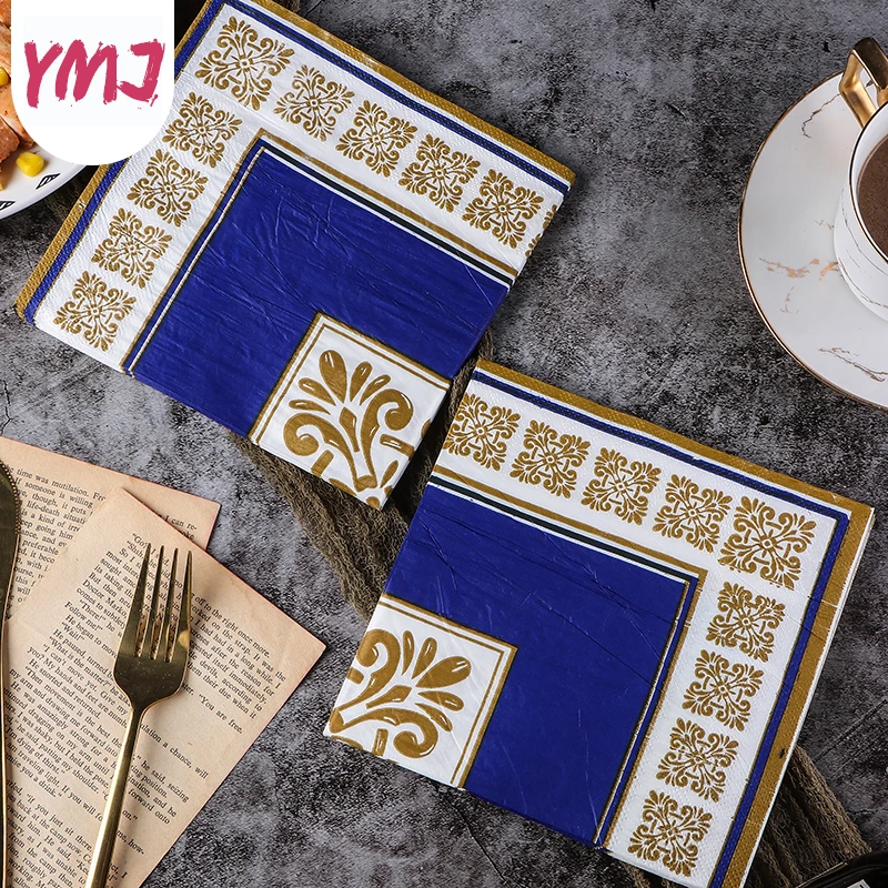 Servilleta colorida con estampado azul y borde dorado, decoración creativa para hotel, restaurante occidental, cafetería, pulpa de madera virgen, 2 capas