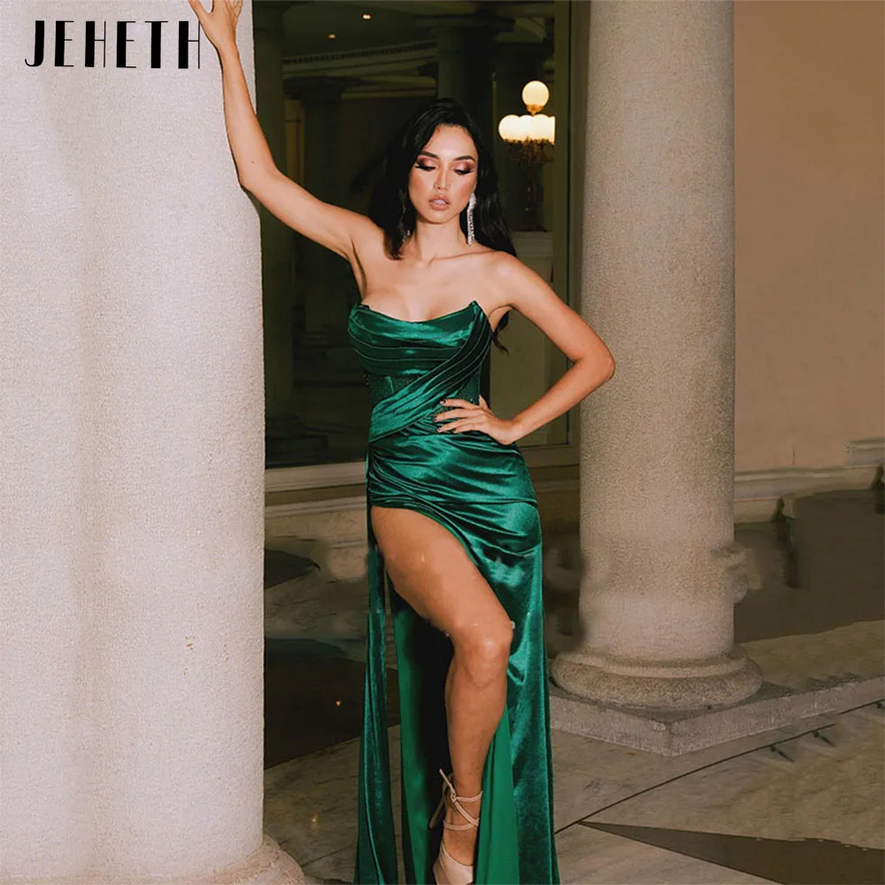 

JEHETH Green Sexy Strapless Mermaid Satin High Split Prom Dress Simple Open Back Pleats Evening Party Gowns Formal Floor Length