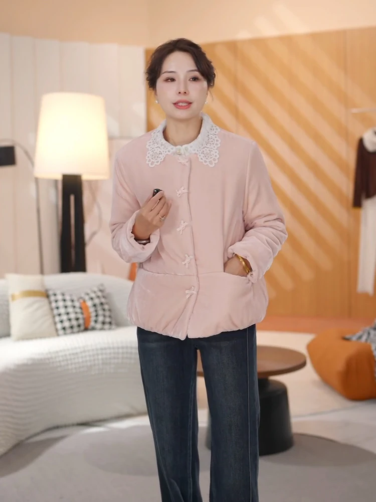 

Новая китайская модная хлопковая куртка в национальном стиле для женщин: свободный крой, кружевной воротник, оверсайз, осенне-зимняя верхняя одежда