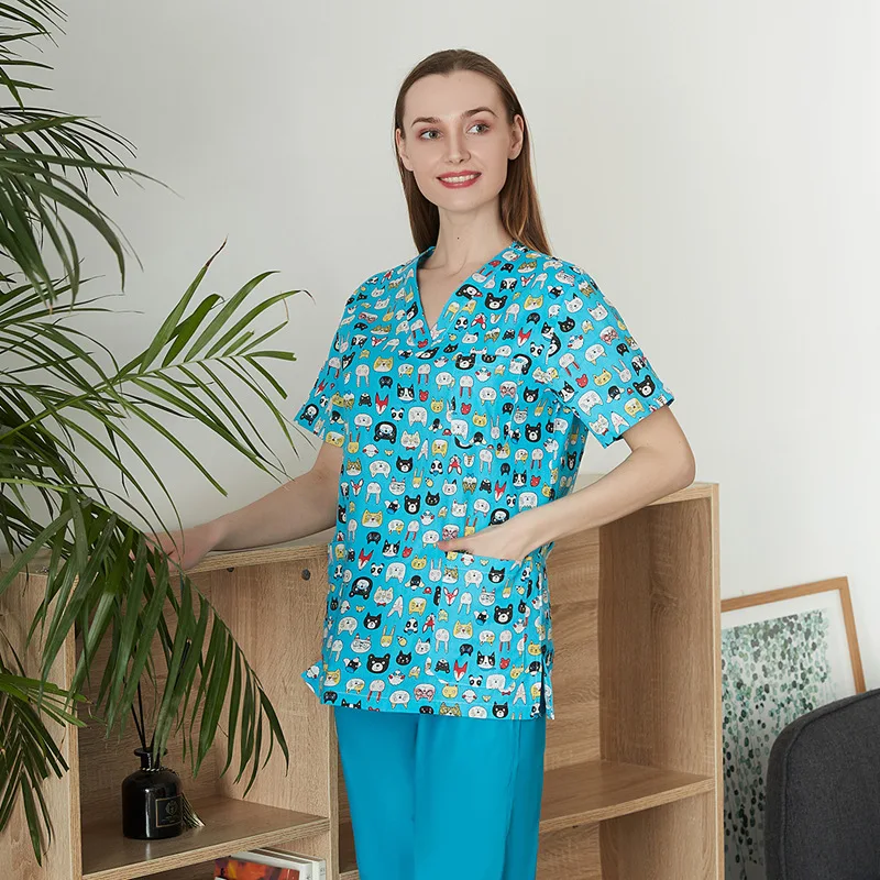 

Printed T-shirt short sleeved V-neck dental Scrub Tops beauty salon pet hospital doctor nurse work Uniform Surgical Tops Blouse