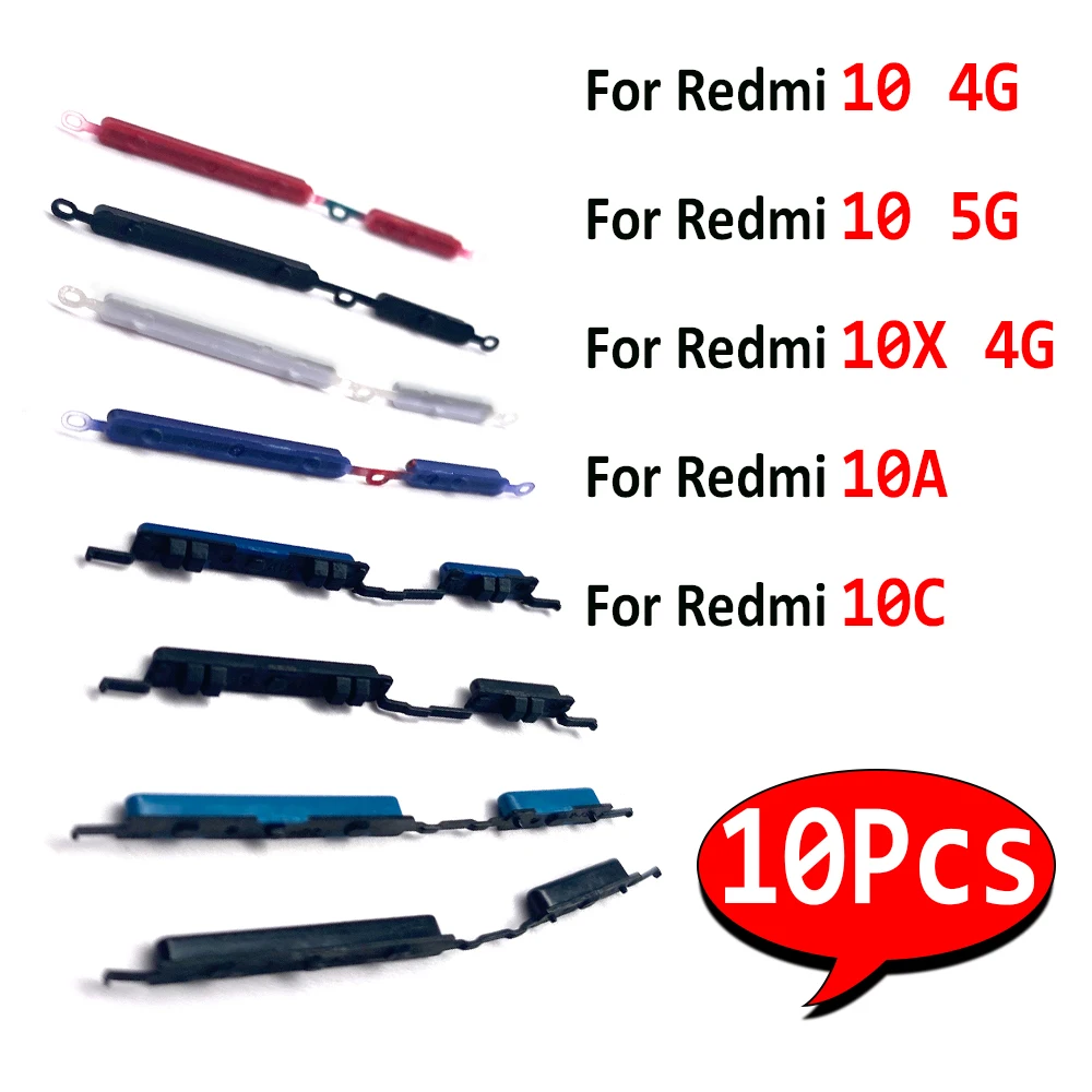 

10Pcs，Side Volume Button Keys + Power ON / OFF Buttton Key Set Replacement Parts For Xiaomi Redmi 10 10X 4G 5G 10A 10C