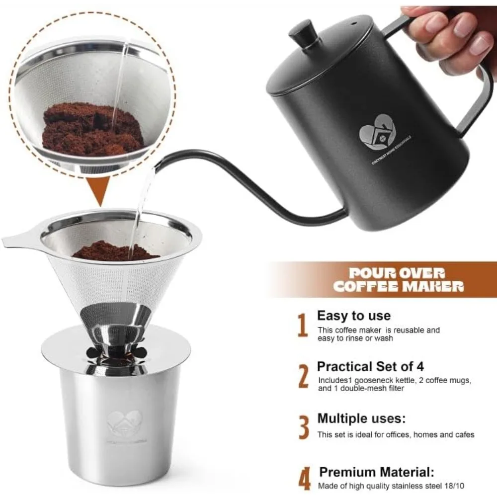 CozyNest Home Essentials coffee maker with , goose neck kettle, and cups for a perfect brewing experience