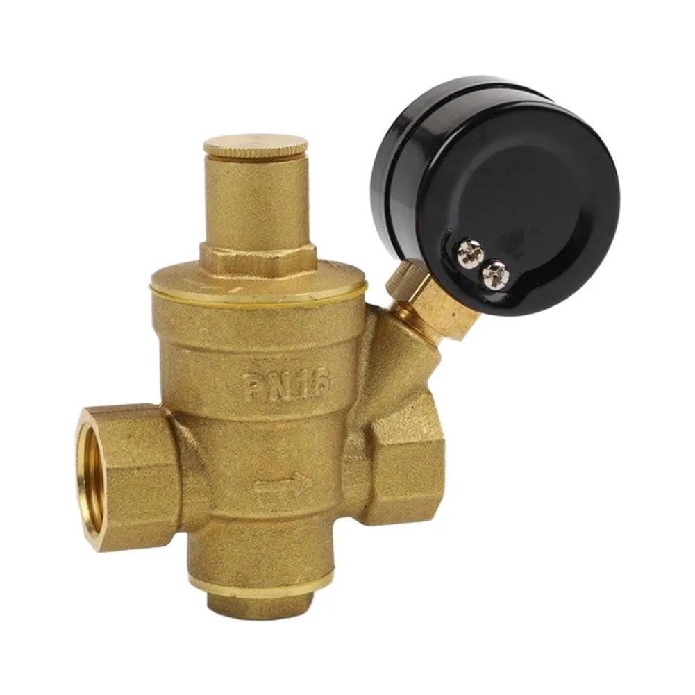 Adjustable Brass Water Pressure Reducing Valve with Pressure Gauge for Plumbing Applications Featuring 1/2 Inch DN15 Connections