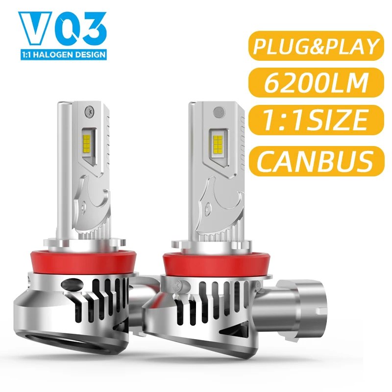 V03 LED Headlight H11 H1 H4 H7 9006 HB4 9005 HB3 9012 6000K 6200LM Auto Lamp Super Bright Car Fog Lights PLUG&PLAY 1:1 Size