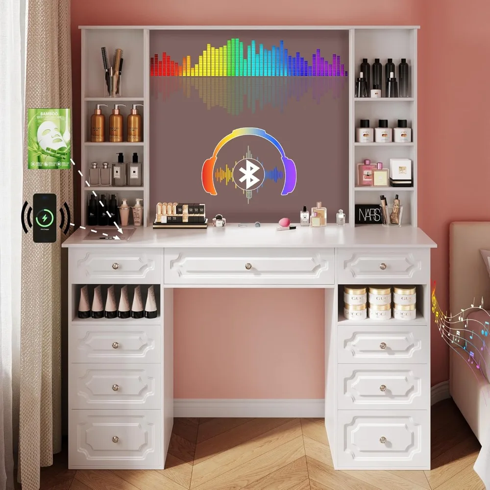 

Dressing Table, Vanity Desk with Mirror and Lights, Makeup Vanity Desk with Facial Mask Box, with Bluetooth Speaker