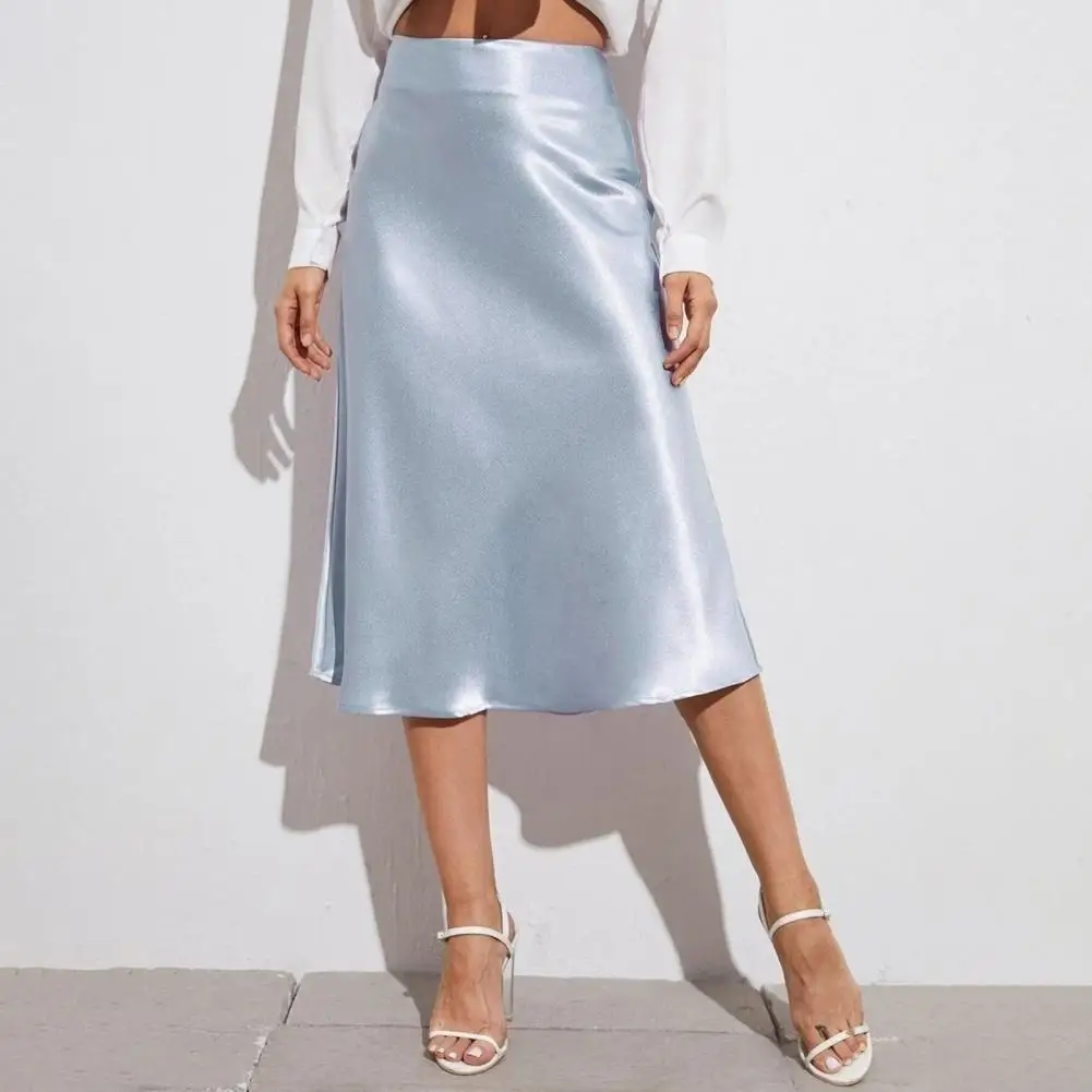 2026 Women Midi Skirt High Waist Satin-Like Shiny Skirt Solid Color Mid-calf Length Skirt Soft Breathable Fabric Work Skirts