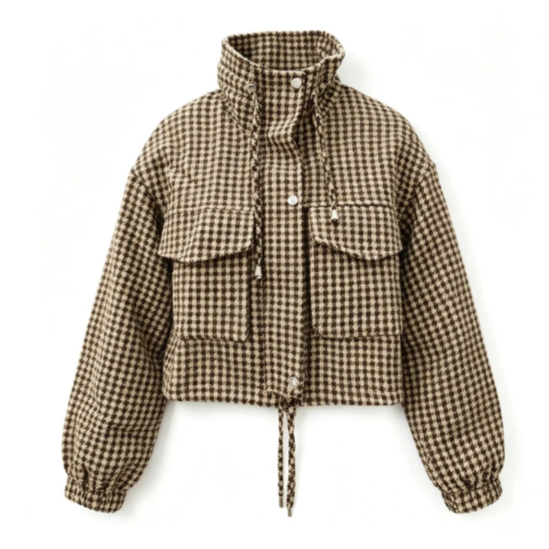 Houndstooth Jacket Ladies 2026 Autumn Stand Collar Zipper Cropped Loose American Style Cargo Pocket Drawstring Hem Fashion Coat