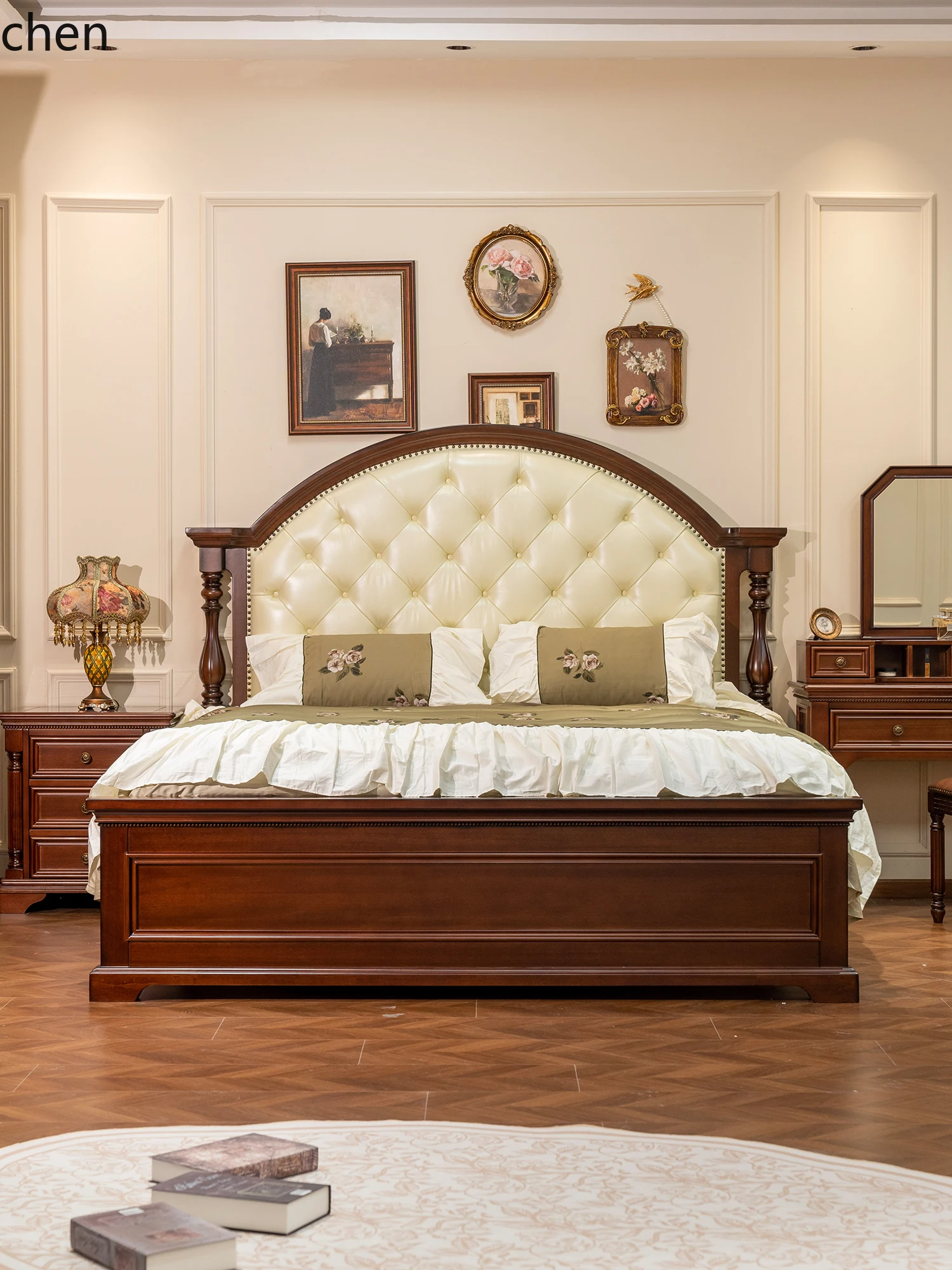 ZML Simple Solid Wood Bedside Layer Cowhide Gold Thread Master Bedroom Set Double Bed