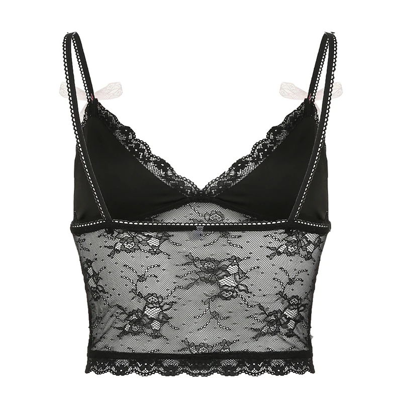 IAMHOTTY Coquette Contrast Bow Lace Patchwork Crop Top Women Sexy Aesthetic V-neck Spaghetti Straps Camis Sexy Holiday Corset