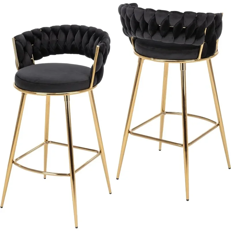 Modern Bar Stools Set of 2, Velvet Counter Stools, Bar Chairs with 29 Inches Height Comfy Seat, Handmade Woven Back Armrest