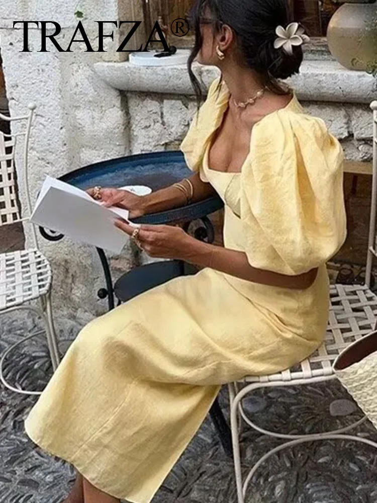 TRAFZA 2024 Summer Women Fashion Yellow Dress Puff Sleeves Long Dresses Female Waist Hollow Out Vintage Woman Evening Dress