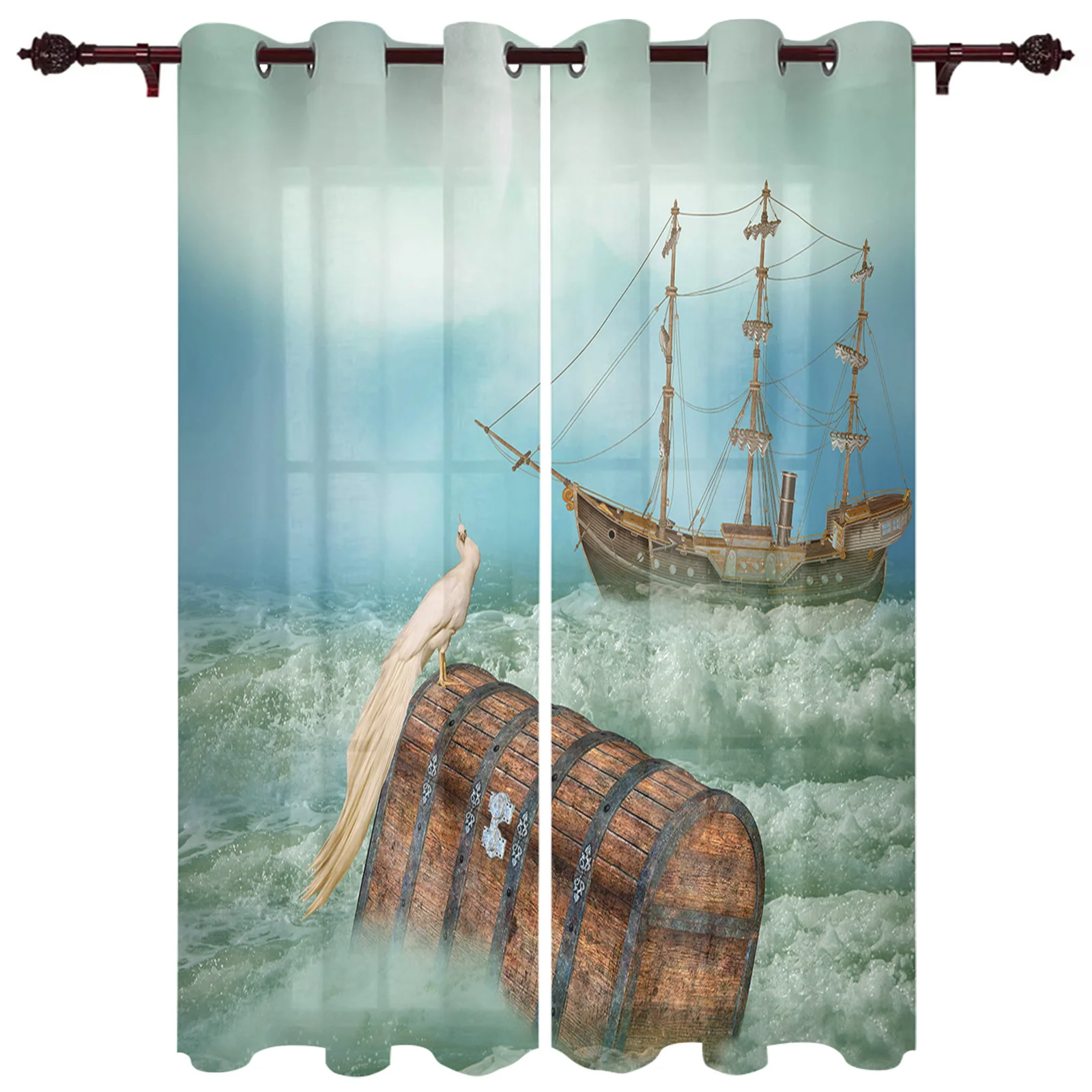 Wave Treasure Chest Boat Bird Peacock Childrens' Room Curtain Hall Living Room Window Curtain Gift Large Finished Curtain