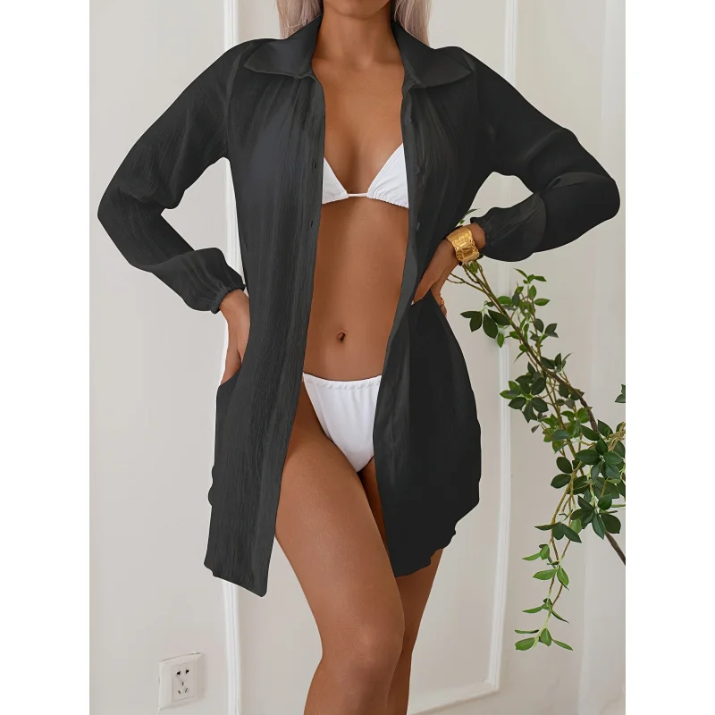 

Летний минималистичный пляжный кардиган-накидка в тропическом стиле с завязками спереди и длинными рукавами