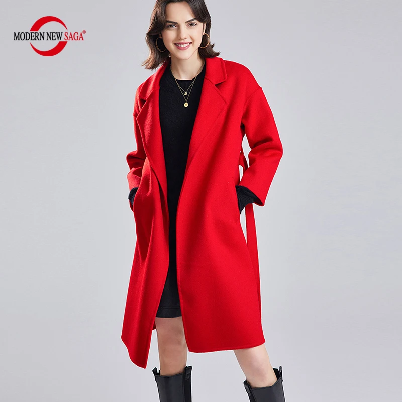 

MODERN NEW SAGA Women Wool Coat 100% Wool Autumn Wool Long Coats Winter Warm Woolen Overcoat Belt Female Cashmere Coat Korean