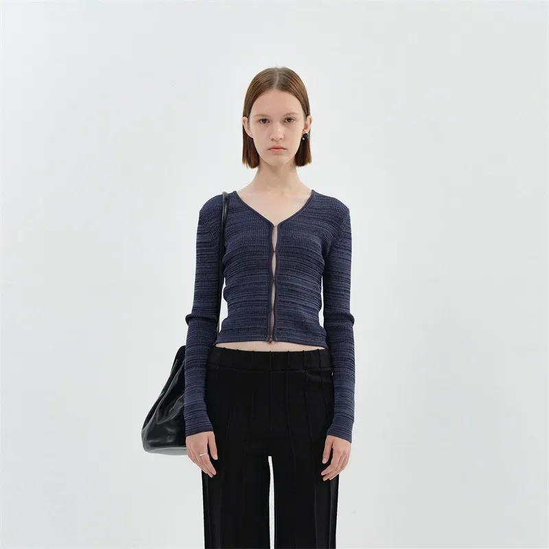 

LowCl @ SSIC-Women's Short Knitted Cardigan, V-neck, Long Sleeve, Slim Fit, Leisure Commuter, Spring, Summer, 2024