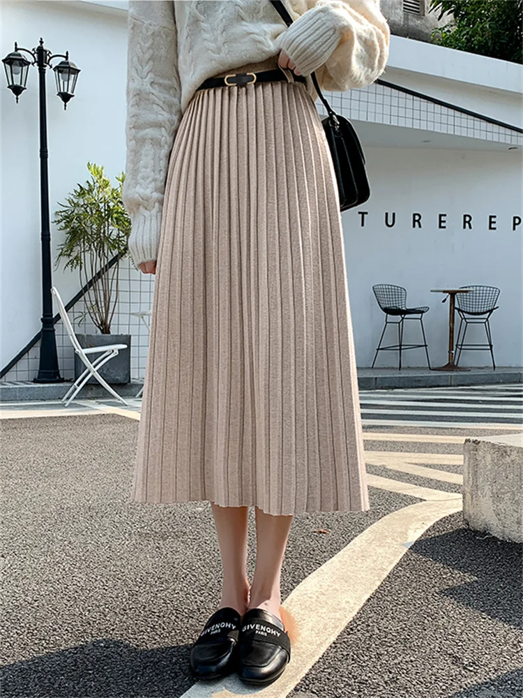 

High Quality Knitted Pleated Midi-length Skirts Women Autumn Winter Fashion High Waist Elastic Belt Slim Knitwear Skirt Female