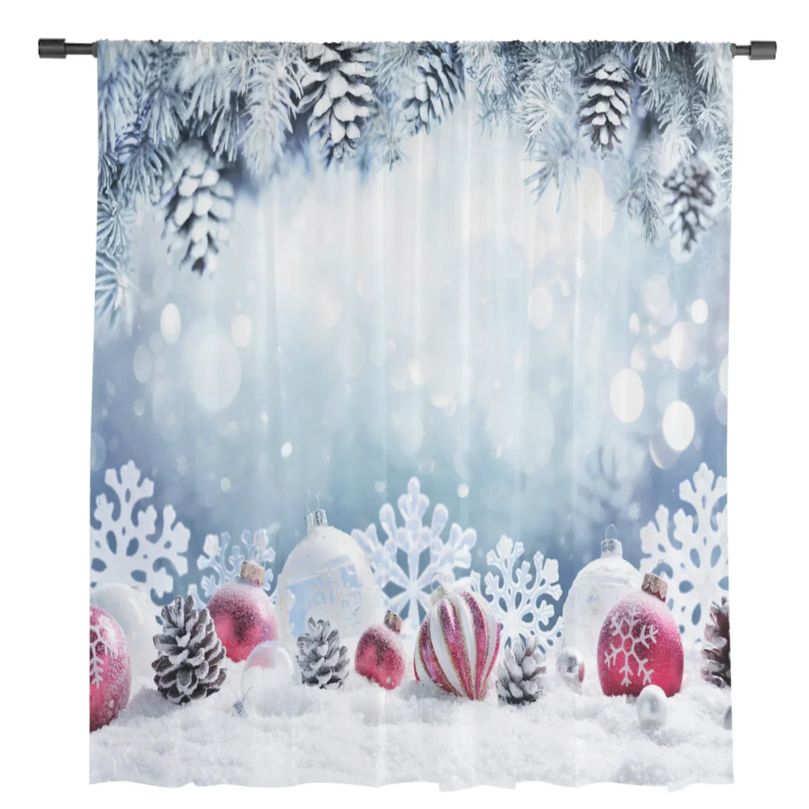 Christmas Snow Snowflakes Leaves Pine Cones Decor Tulle Sheer Curtains Living Room Bedroom Window Curtain Voile Organza Drapes