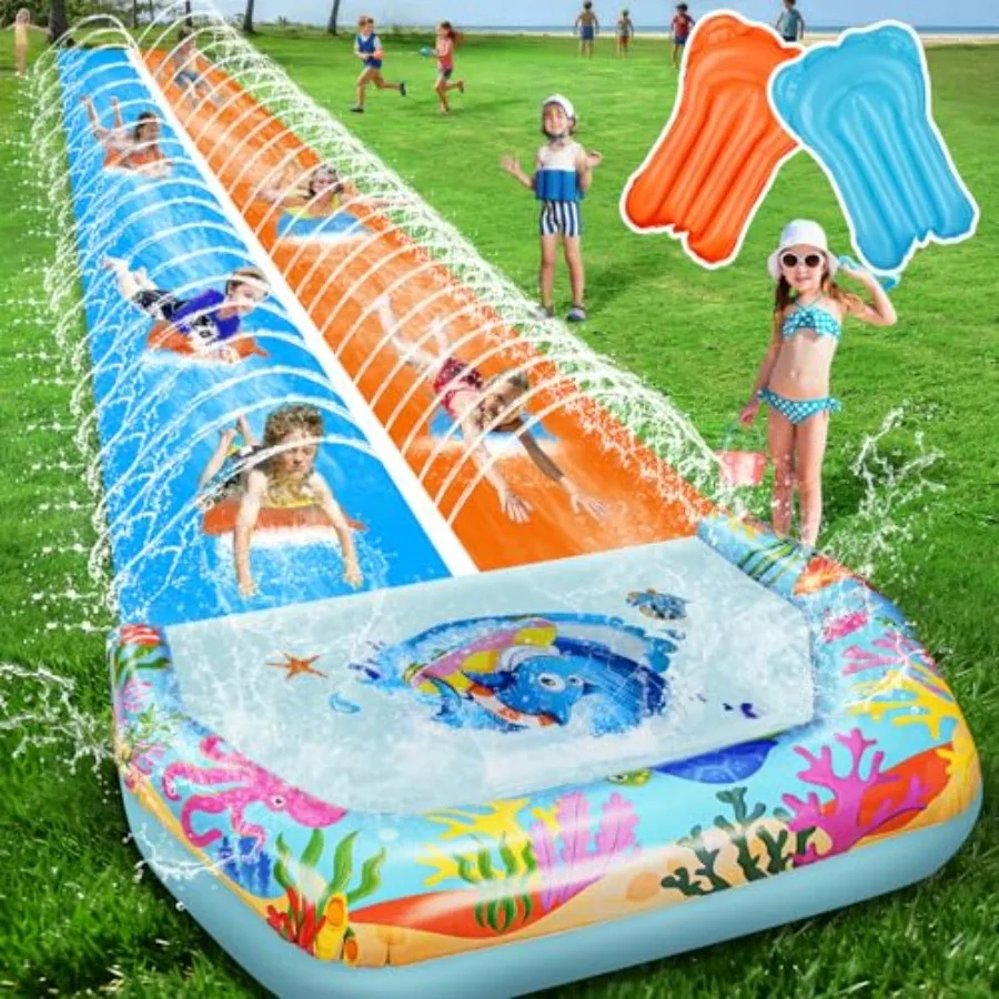 

Backyard summer party inflatable water slide for kids and adults, heavy-duty PVC, blue and yellow, extra-long double slip with