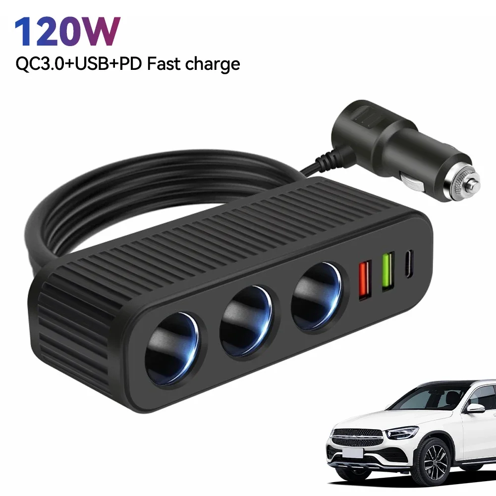 120W Multifunctional Car Charger Adapter 12V/24V Cigarette Lighter Fast Charger PD QC USB Quick Charge Power Adapter Charger