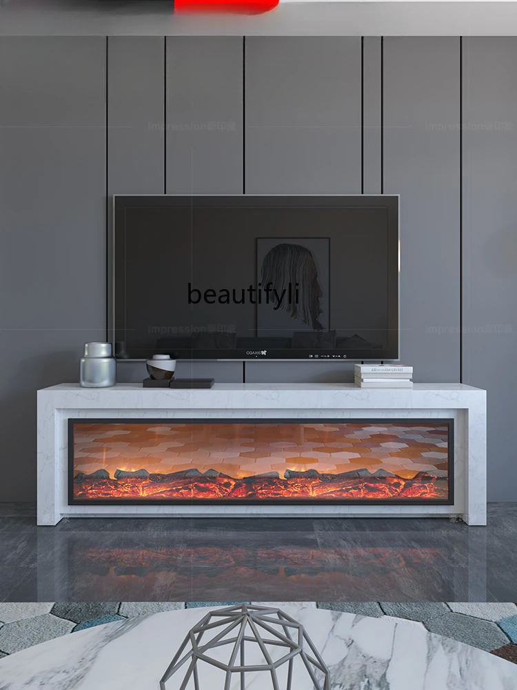 Slightly Luxury Decoration Modern Minimalist Marble White TV Cabinet Electric Fireplace Heating Stove