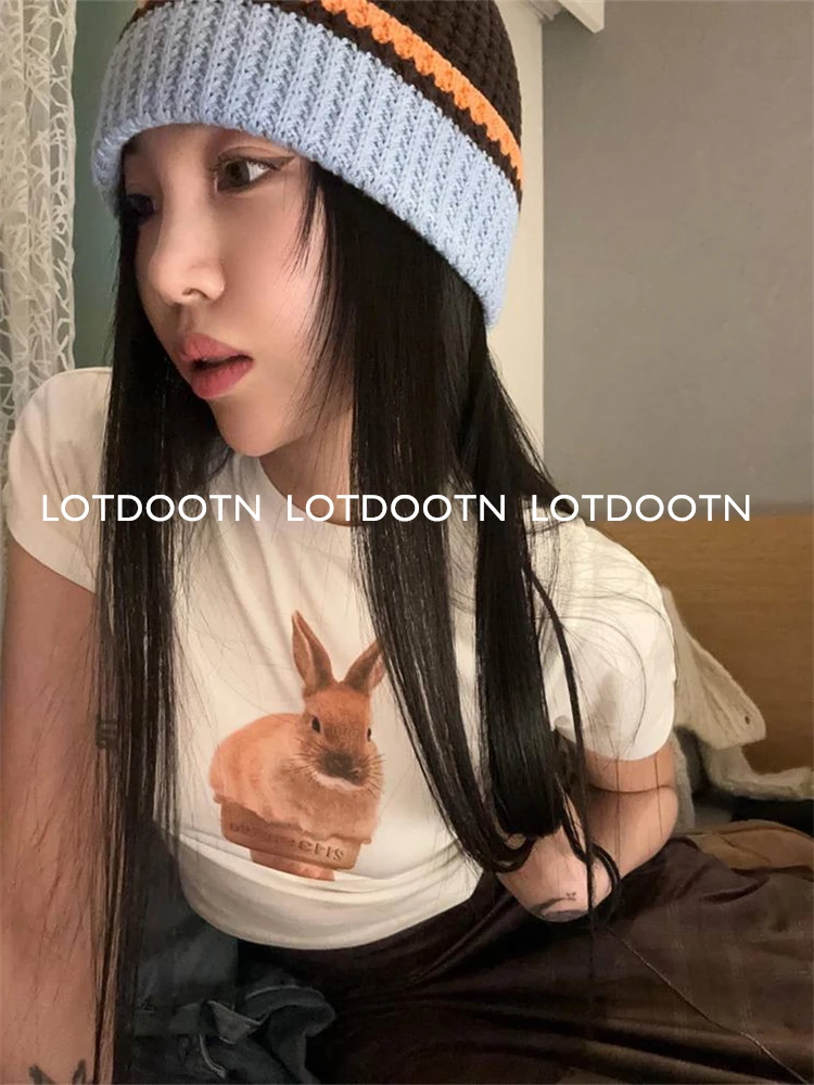 LOTDOOTN Korean Y2k Tee Chic Cotton Rabbit Print TShirt Women Clothes Short Sleeve Tees Slim Summer Tops Y2k Elasticity Crop Top