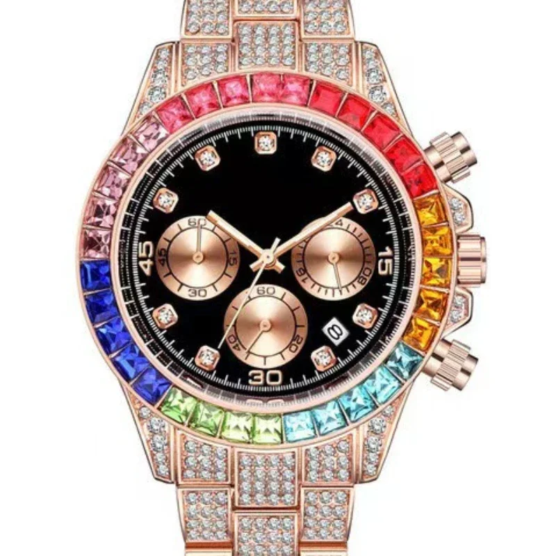 Relojes de pulsera de cuarzo coloridos para hombre, cronógrafo de lujo con diamantes de imitación, calendario, regalo