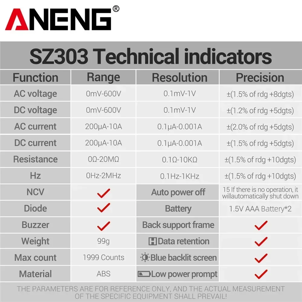 ANENG SZ303 Digital Multimeter 1999 Count AC/DC Voltage  Current Resistance High Precision Professional Electrical Tester Tools