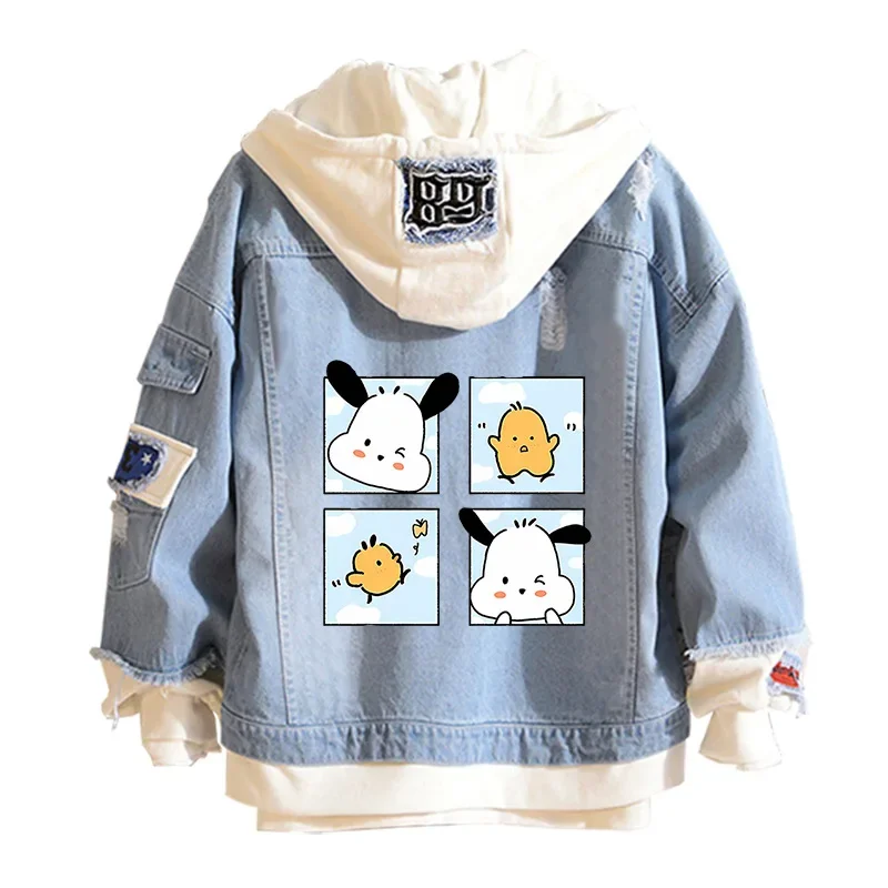 Anime Sanrio Denim Bomber Jacket Pochacco Hooded Jeans Sweatshirt Unisex Ripped Hole Cosplay Hoodie Long-Sleeved Denim Jacket