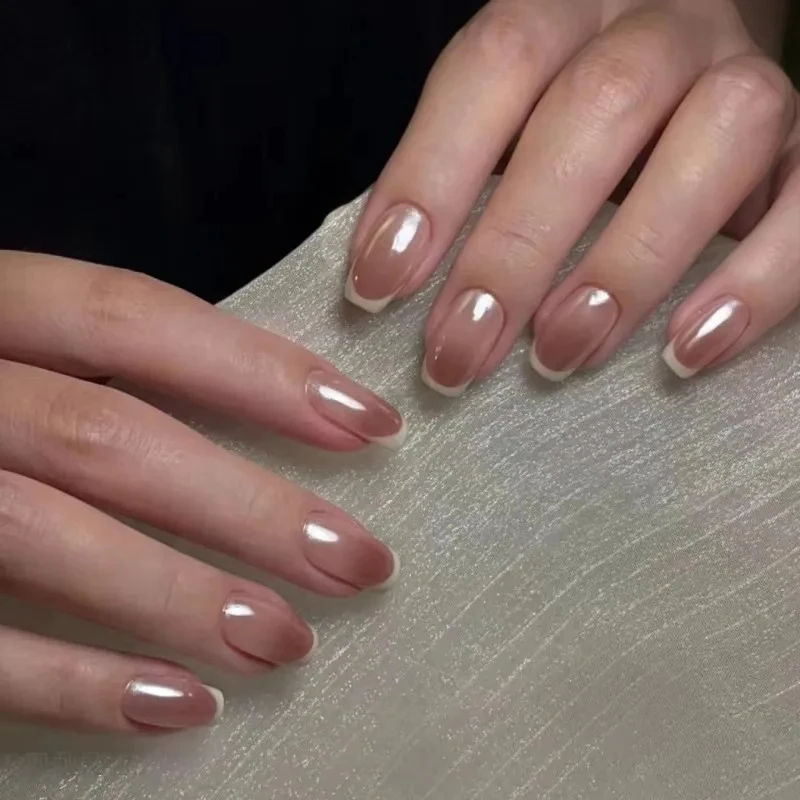 

Simple Pearlescent White Edge Glitter Powder Ballet Square Long Pointed False Nails Art Cat Eye Almond Fake Nails Press on Nails
