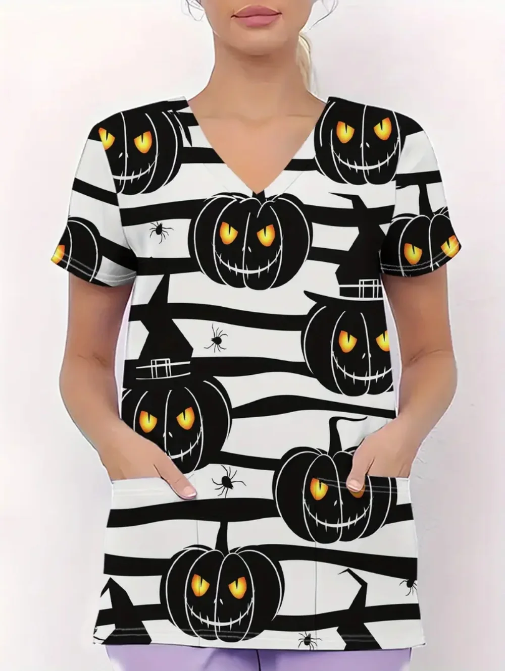 Halloween uniformes cirúrgicos mulher fantasma dos desenhos animados impressão vett-camisa casual com decote em v manga curta com bolsos esfoliantes cirúrgicos femininos