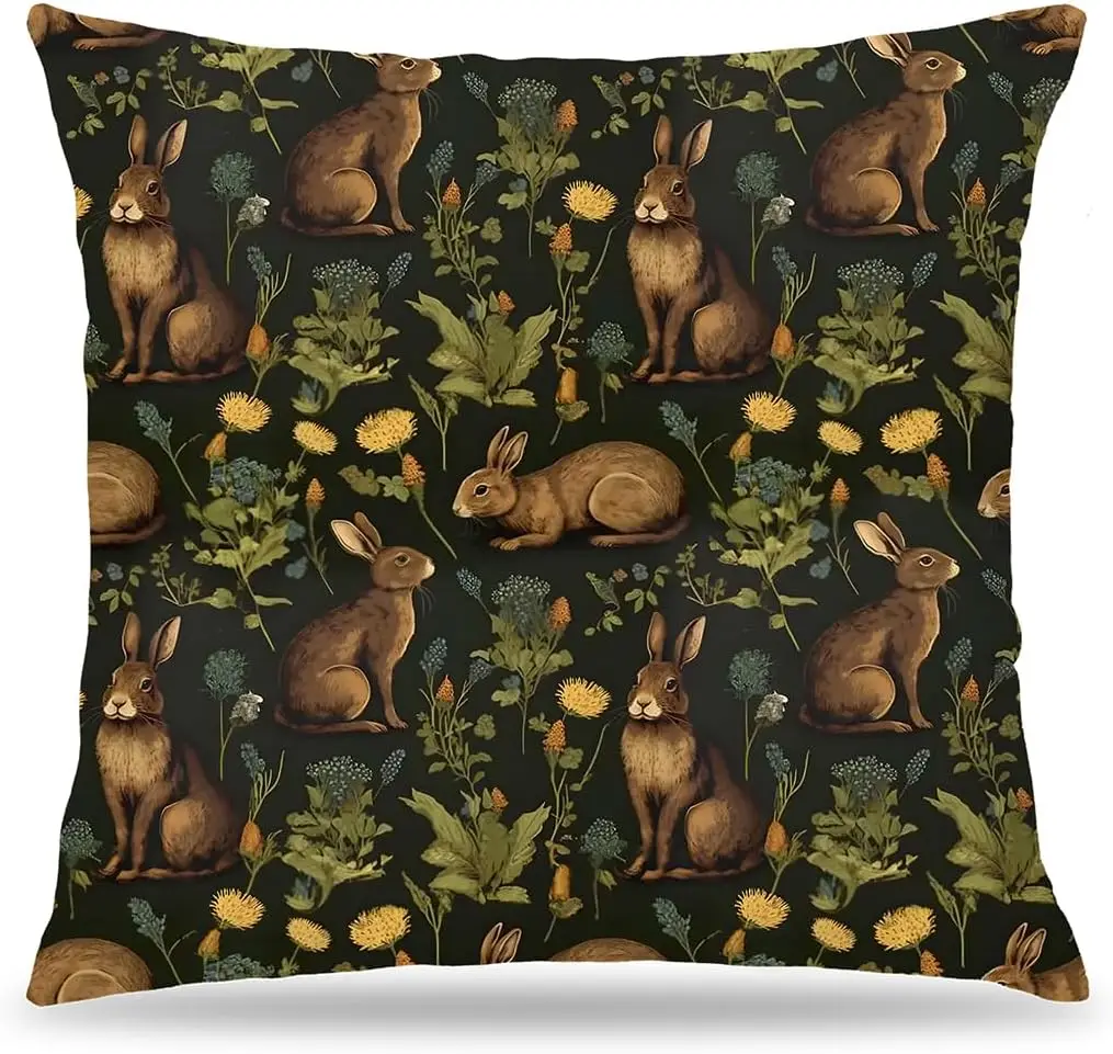 Rustic Rabbit Pillow Covers 18x18 Double-Sided, Vintage Farmhouse Botanical Bunny Pillow Covers, Cottagecore Home Room Decor,