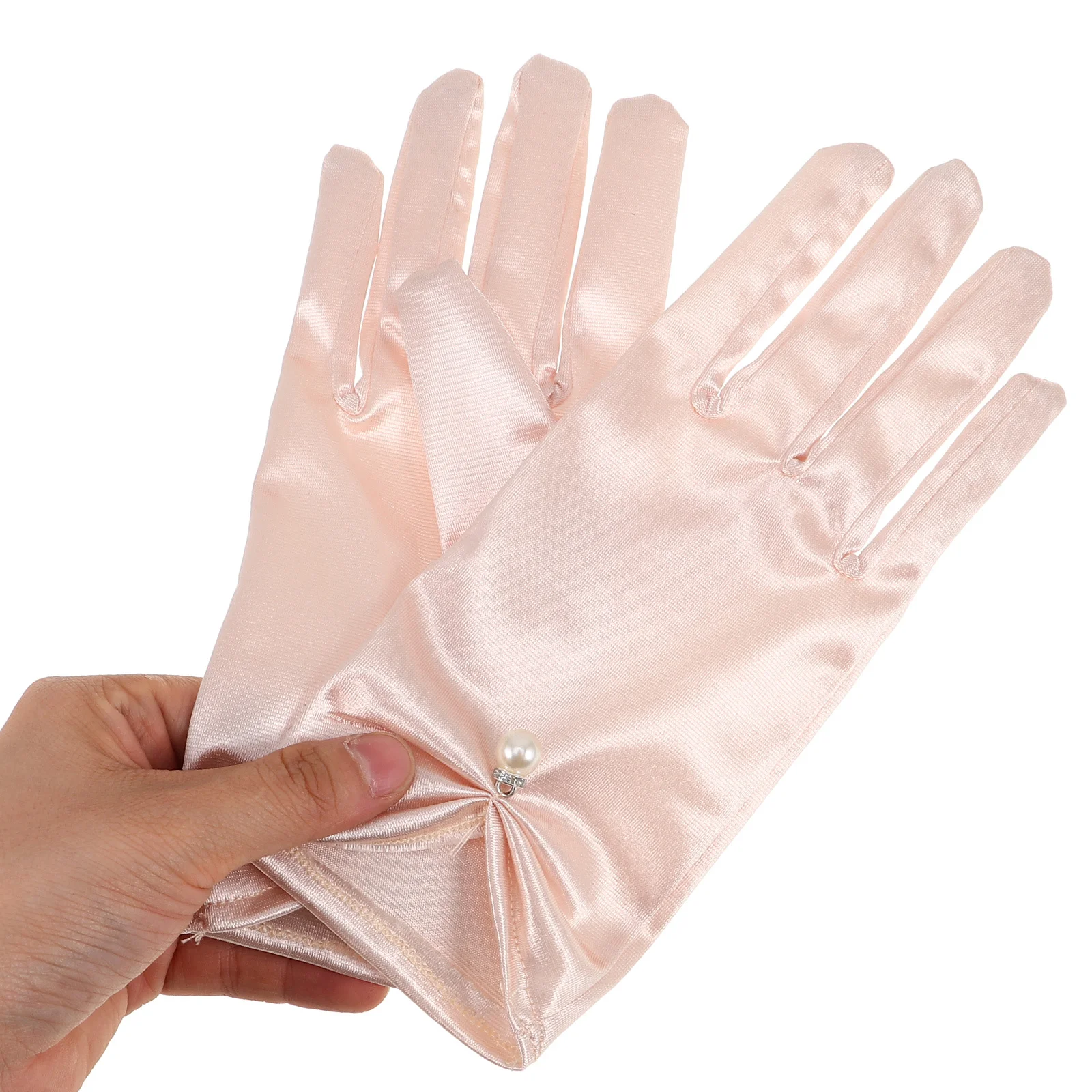 1 زوج قفازات العروس قصيرة الساتان اللؤلؤ مزين أنيقة حفل زفاف مأدبة رسمية فستان الإكسسوارات النساء قفازات الساتان قصيرة #1