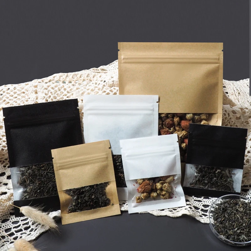 

Thick Resealable Brown/White/Black Kraft Paper Flat Window Zipper Bag Jewelry Candy Tea Pill Snack Nut Storage Packaging Pouches