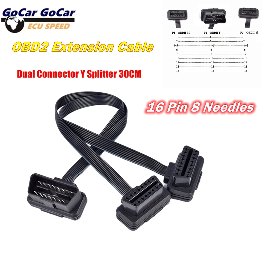 

Новейший двойной Y-образный разветвитель 2026 года, угловой 16-контактный удлинитель OBD2, плоский кабель OBD2 с 16-контактным разъемом (штекер-гнездо)