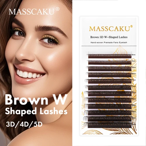 MASSCAKU marrón 3D/4D/5D W en forma de Faux Cils D Curl extensión de pestañas de fibra tecnológica ligera Premium uso profesional en salón