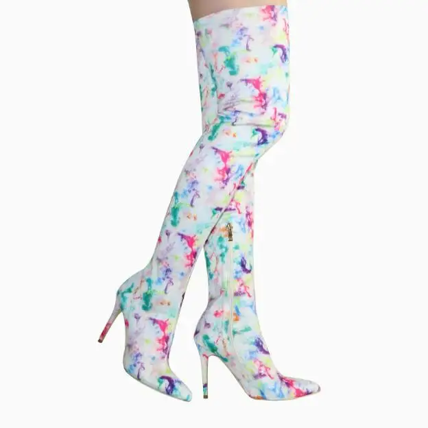 Sexy Rainbow White Scrawl Satin Thigh Boots Pointed Toe 10/12Cm High Heel Sock Boots Woman Colorful Floral Over Knee Botas