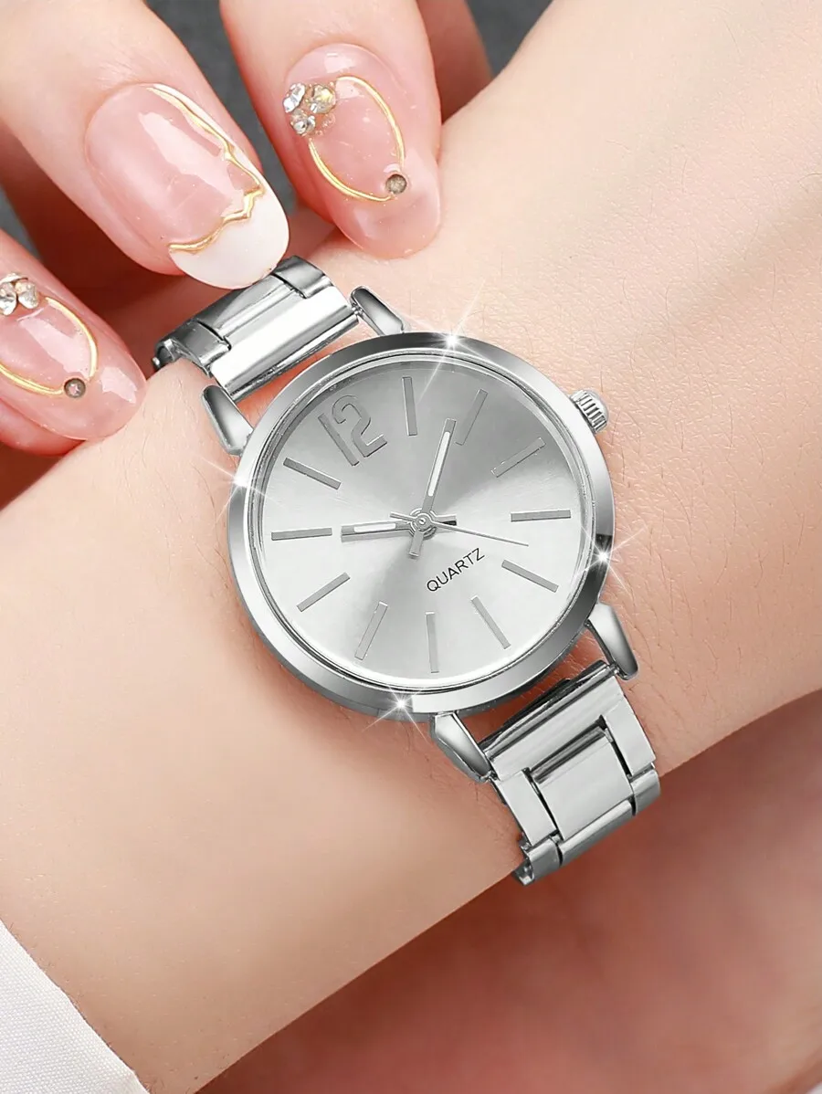 Women's Stainless Steel Fashionable Minimalist Numerical Scale Small Dial Quartz Watch Combo (2pcs/Set) As A Gift For Students