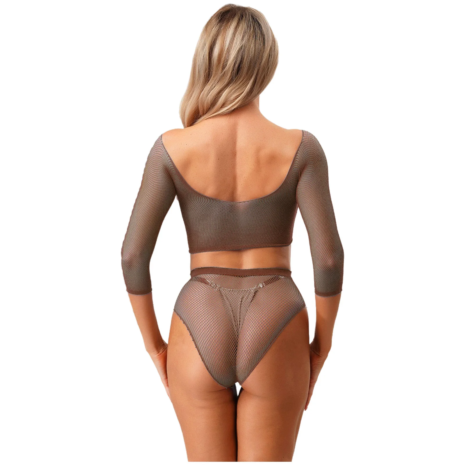 Women See Through Sheer Fishnet Lingerie Outfit Bikini Cover Up 2pcs Short Sleeve Crop Top And Briefs Set for Club Dating Night