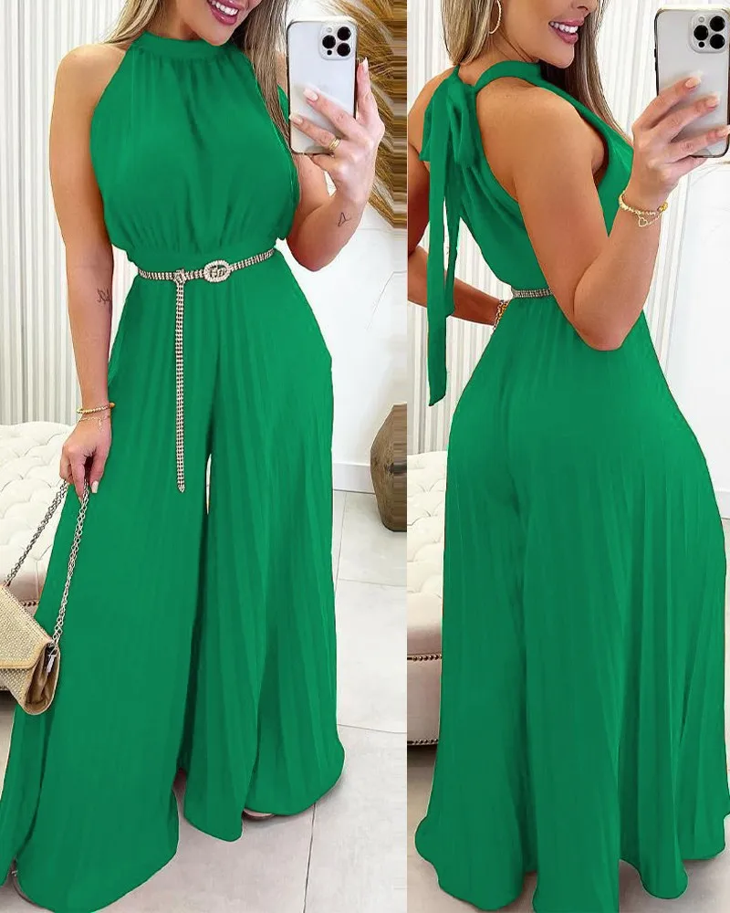 

Women's Green Sleeveless Jumpsuit Sexy Halter Tied Detail Plain Pleated Wide Leg Casual Long Jumpsuit Summer Fashion