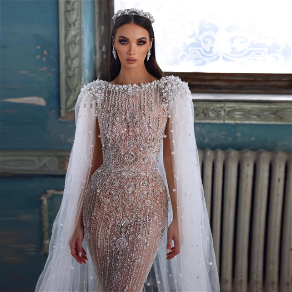 

luxury evening dresses 2023 White Nude with Cape Sleeves for Women Wedding Arabic Bridal Party Gowns