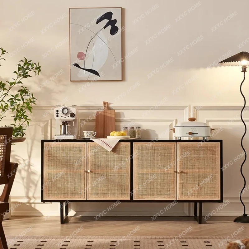 Nordic rattan dining side cabinet simple black storage cabinet retro home solid wood cabinet large capacity four door storage