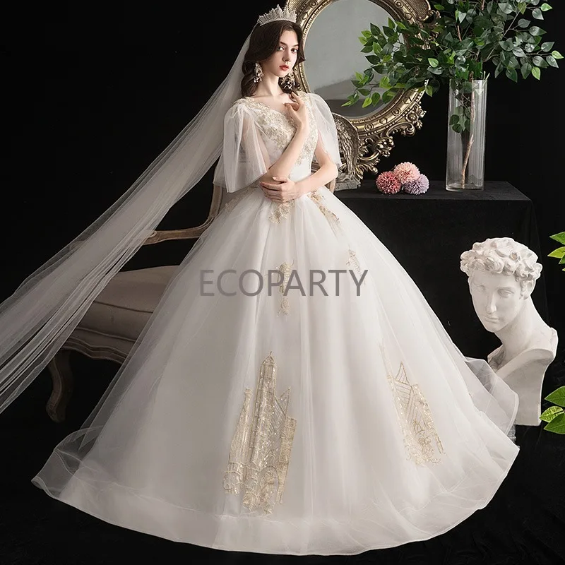 Main Wedding Dress French Hepburn Style 2023 New Bride Simple V-neck Dress Large Ball Gown Fairycore Cover Arm Dress White Dress