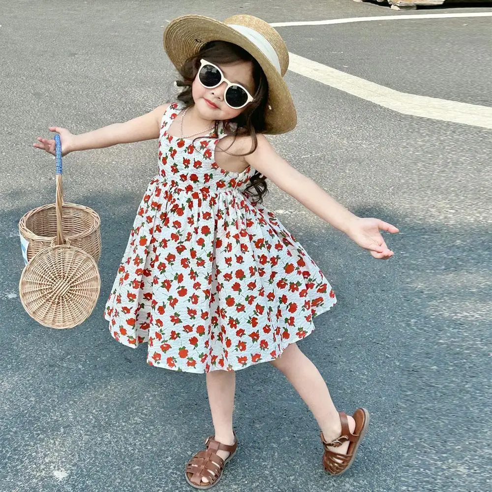 Summer Toddler Baby Floral Strap Dresses for Girls Cute Backless Beach Dress Children Outfits Clothing Infant Sleeveless Dress 4