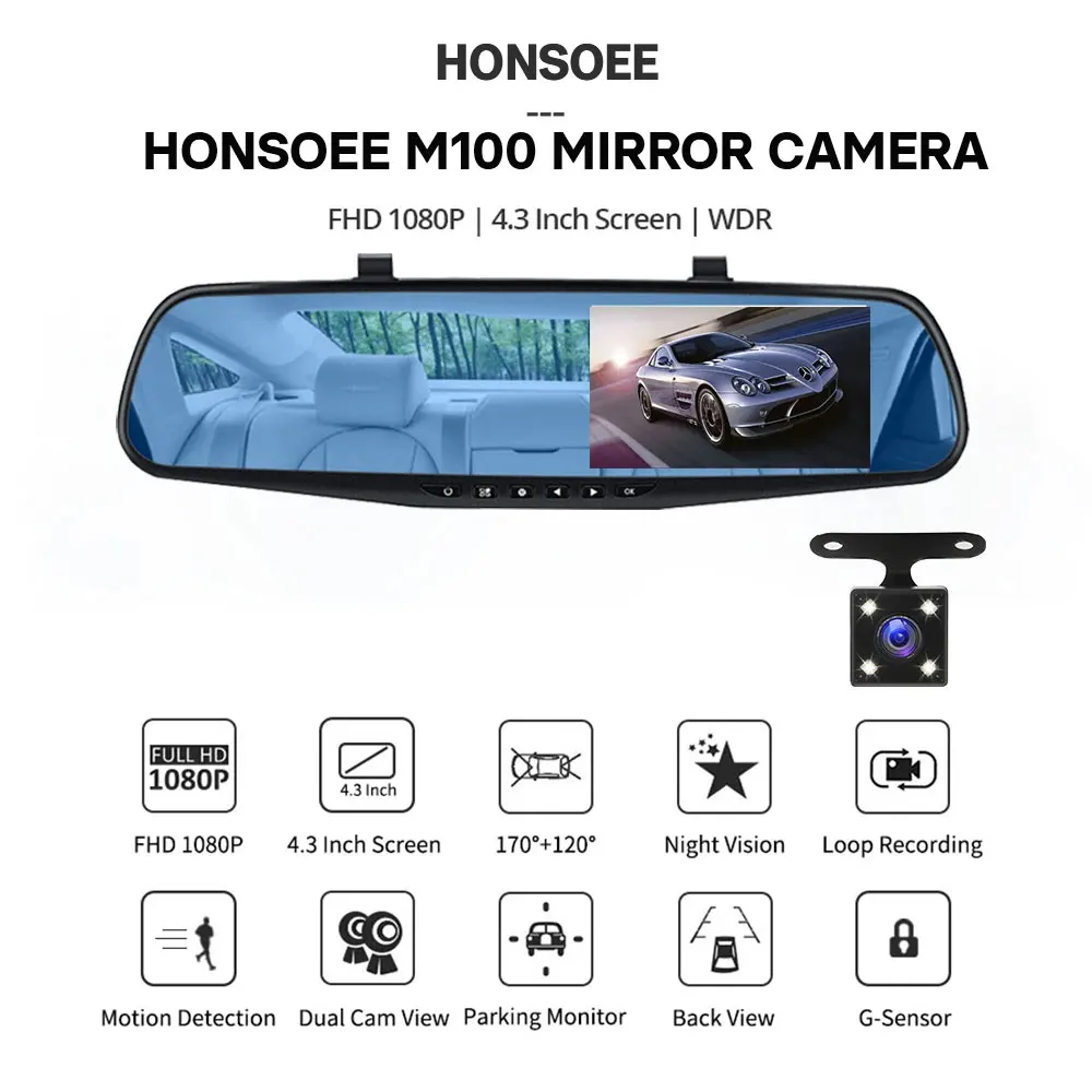 HONSOEE M100 Mirror Camera 4.3 Inch Dashcam Car Dvr FHD 1080P Dual Lens DVR Rearview Mirror Dash Camera Car Video Recorder Auto - Image 2