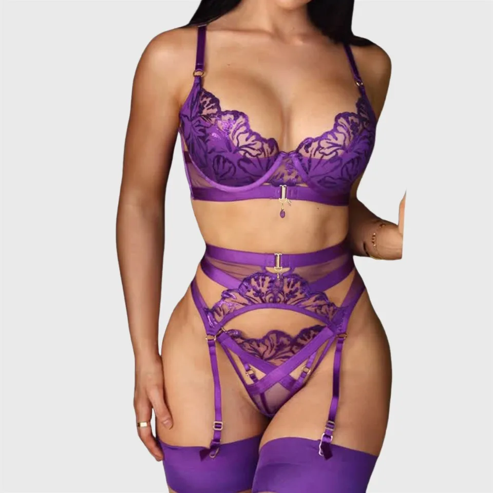 Ellolace Honey Women's Lingerie Sets Elegant Sexy Bra Belt Thong 3PC Stockings Romantic Floral Lace Sensual Women's Underwear