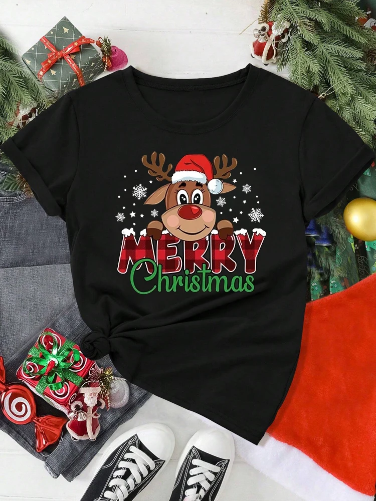 Cartoon Elk Print Women's T-Shirt Merry Christmas Short Sleeve Tees Casual O-neck Loose Girl Top Fashion New Year X'mas Clothing