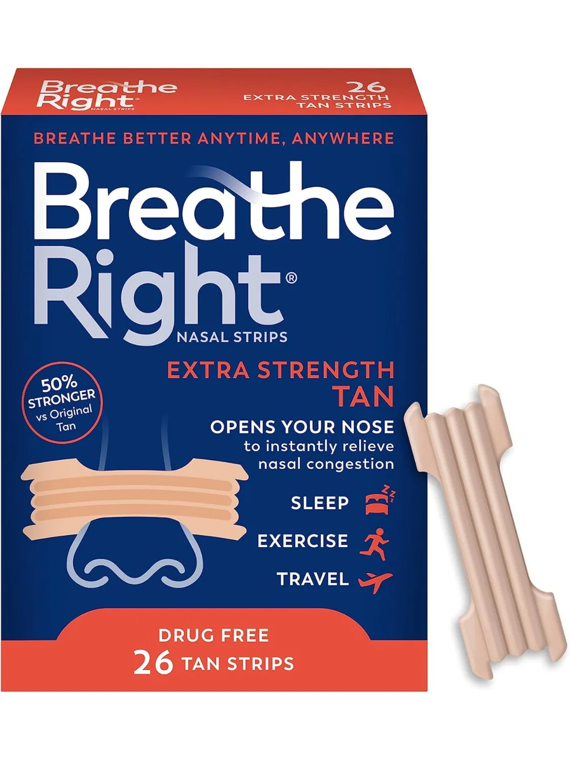 Breathe Right Nasal Strips Extra Strength Tan Nasal Strips,Stop Snoring Drug-Free Snoring Solution & Instant Nasal Congestion