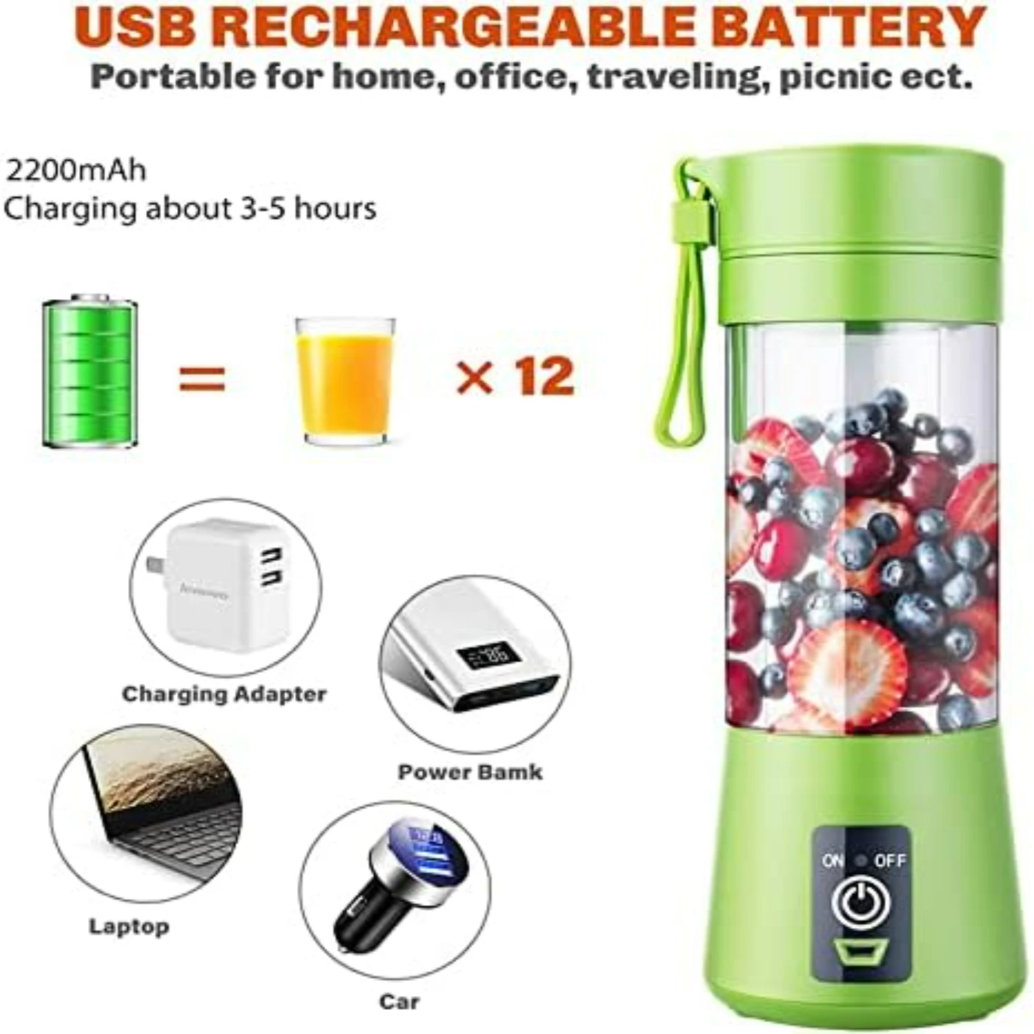 Green Portable USB Rechargeable Personal Blender for Fruit Juice, Shakes and Smoothies with 6 Blades Juicer Cup, 380ML Capacity,