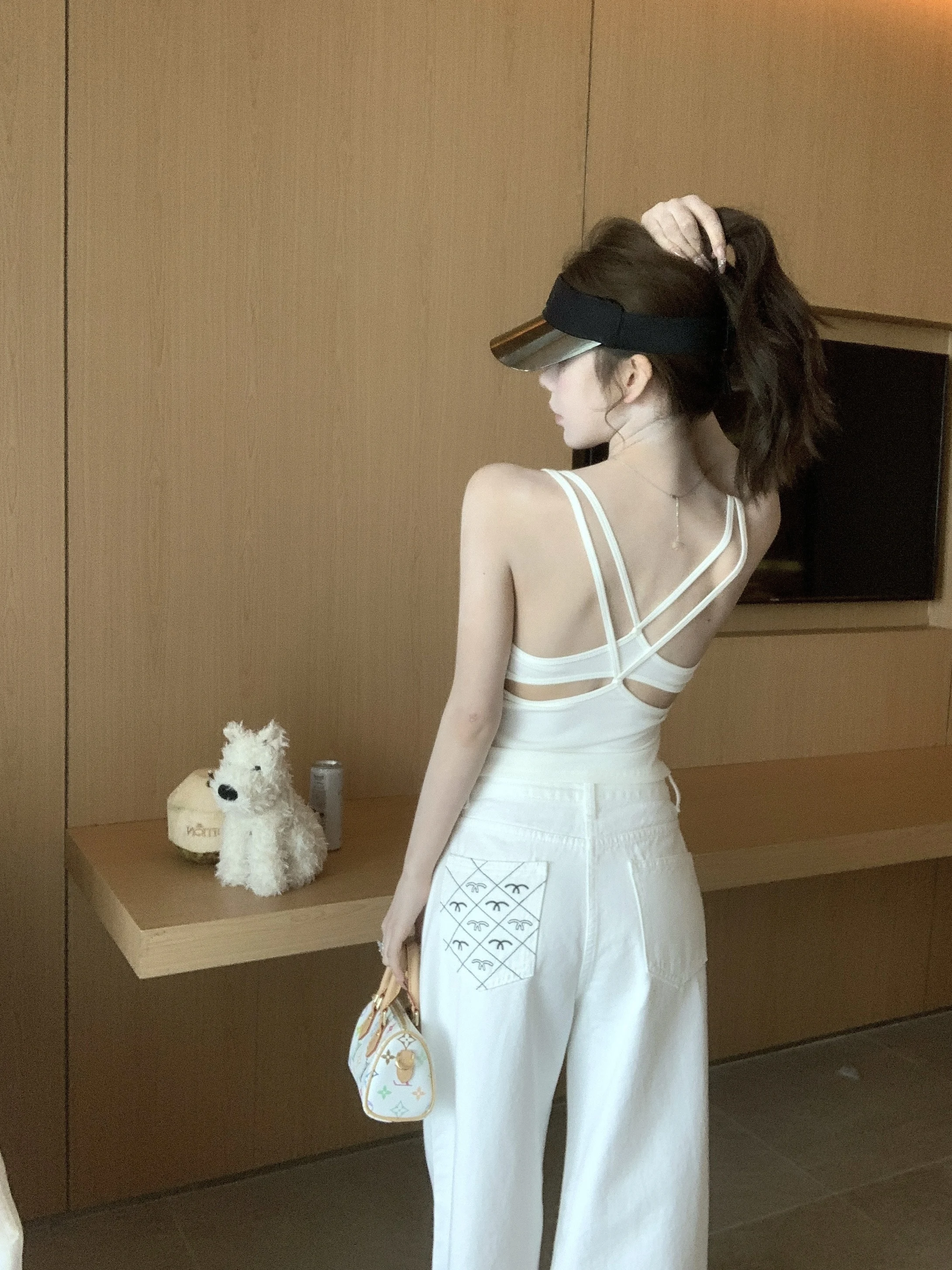 

Kubiliv Sli New Arrival White Draped Embroidered Slimming Straight Leg Jeans Loose Wide Leg Pants Casual High Waist Cotton