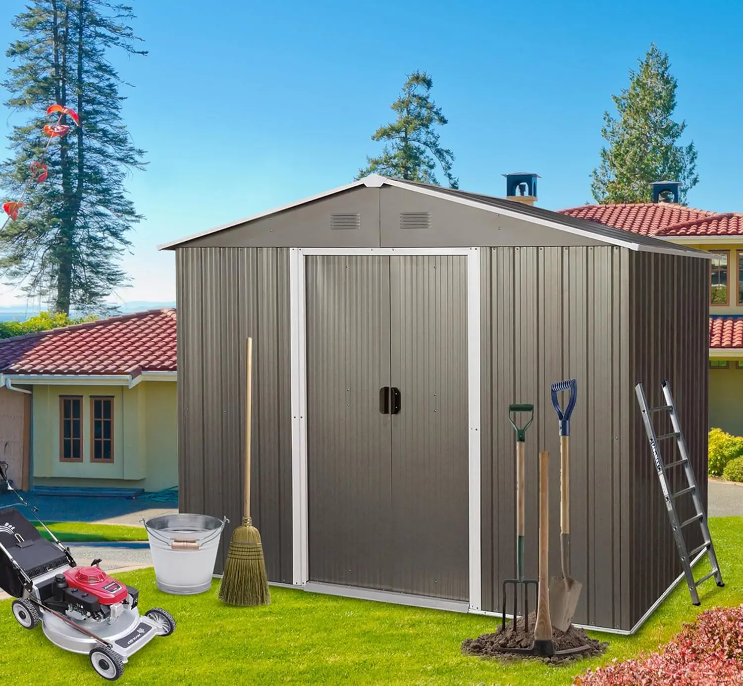 7'x5' Outdoor Metal Storage Shed with Floor Base, 4 Punched Vents and Pad-Lockable Sliding Doors, House w/Eco-Friendly Painting